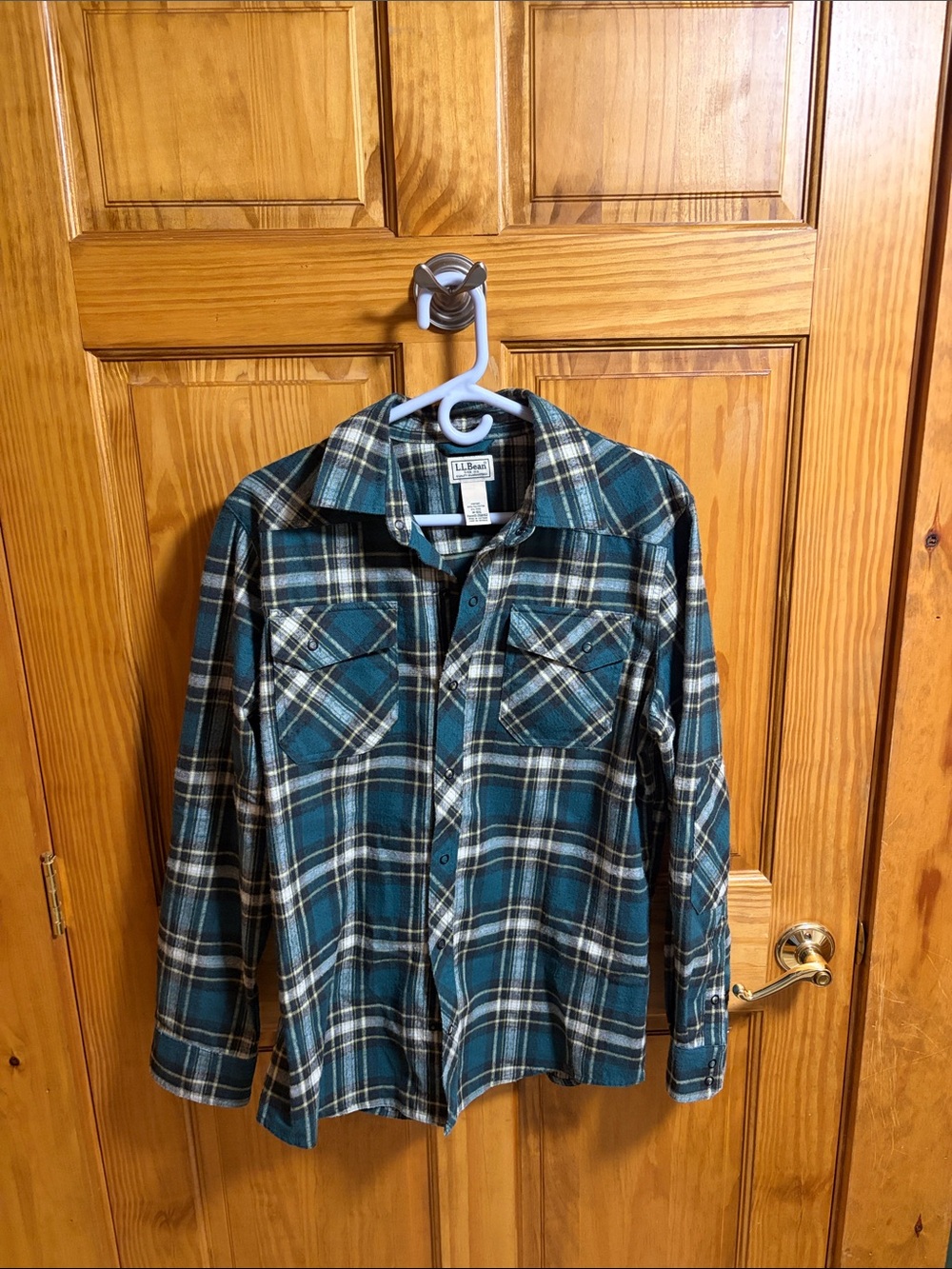 L.L. Bean Teal, Black & White Plaid Flannel Shirt